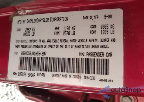 2001 Dodge Intrepid Es из США, поврежденный, VIN 2B3HD56J01H554397